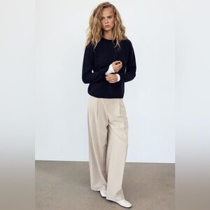 Zara Cream Pleated Wide Leg Trousers Size XL